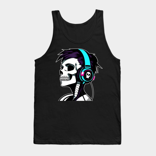 Girl Skull With Headphones, Violet, light blue | Listening Music Tank Top by General Corner